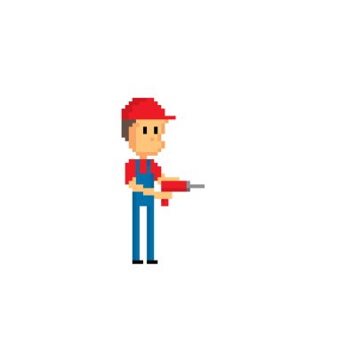 Elinde bir matkap ile çalışan. Eski okul bilgisayar grafik stili. Dekoratif unsur tasarım logo, etiket, web, mobil uygulama oyun kıymetler 8-bit sprite için. Düz illüstrasyon