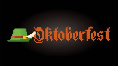 Oktoberfest logo. Bira Festivali vektör yazı banner. Eski okul bilgisayar grafik stili. Dekoratif unsur tasarım logo, etiket, web, mobil uygulama oyun kıymetler 8-bit sprite için. Düz