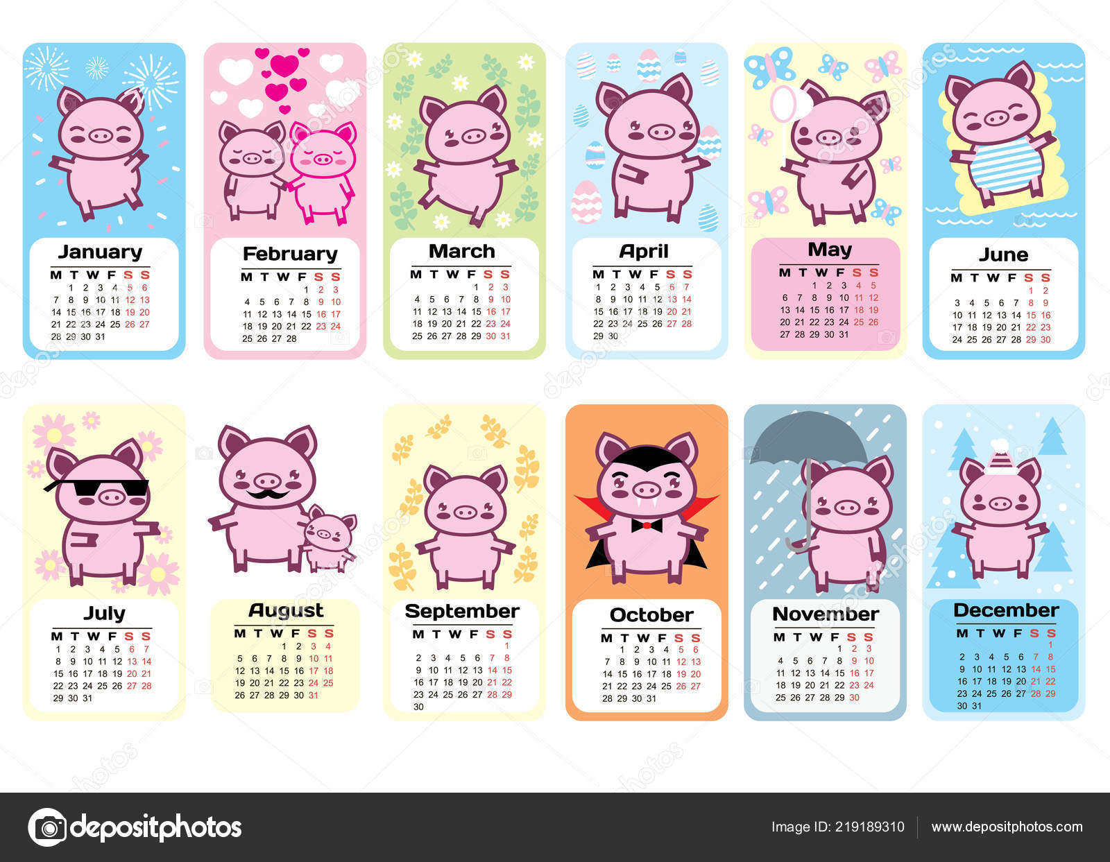 Calendar 19 Pig The Symbol Of 19 Kawaii Cute Pig And Holidays Of The Year Stock Vector Image By C Dergriza