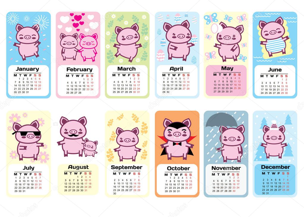 Calendar 2019. Pig - the symbol of 2019. Kawaii cute Pig and holidays of the year.