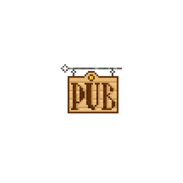 Un pub de letreros. Signo de pub de madera. Pixel art. Gráfico de computadora de la vieja escuela. Pegatinas de diseño de elementos, logotipo, aplicación móvil, menú. Videojuego de 8 bits. Activos del juego sprite de 8 bits. 16 bits . — Archivo Imágenes Vectoriales
