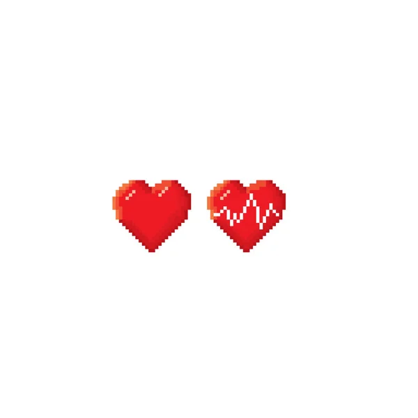 2 つの心、心電図、心臓病。ピクセル アート。古い学校のコンピューター グラフィック。8 ビットのビデオゲーム。ゲーム アセットの 8 ビットのスプライト. — ストックベクタ