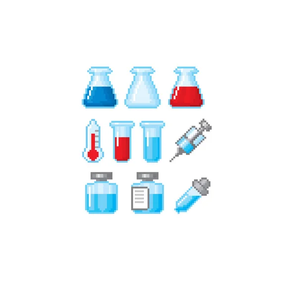 医疗和医疗相关图标设置。像素艺术。旧学校的电脑图形。8位电子游戏。游戏资产8位精灵. — 图库矢量图片