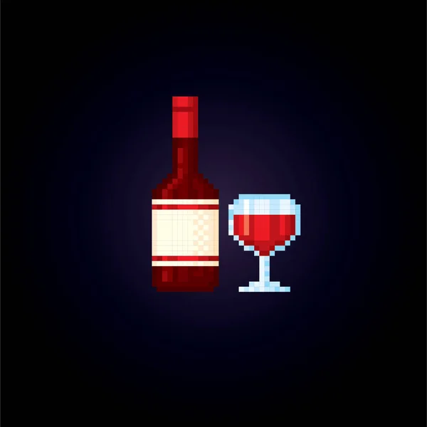 Fles met alcohol en een glas instellen. Pixelart. Old school computer grafisch. Element ontwerp stickers, logo, mobiele app, menu. 8 bit videogame. Spel activa 8-bit sprite. 16-bits. — Stockvector