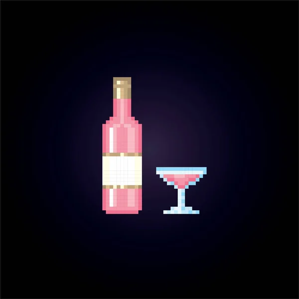 Fles met alcohol en een glas instellen. Pixelart. Old school computer grafisch. Element ontwerp stickers, logo, mobiele app, menu. 8 bit videogame. Spel activa 8-bit sprite. 16-bits. — Stockvector