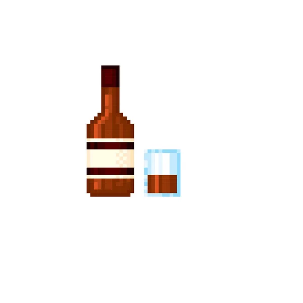 Set bottiglia con alcol e un bicchiere. Pixel art. Computer grafica vecchia scuola. Elemento di design adesivi, logo, app mobile, menu. Videogioco a 8 bit. Attività di gioco a 8 bit sprite. 16 bit . — Vettoriale Stock