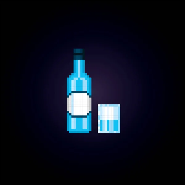 Set bottle with alcohol and a glass. Pixel art. Old school computer graphic. Element design stickers, logo, mobile app, menu. 8 bit video game. Game assets 8-bit sprite. 16-bit. — Stock Vector