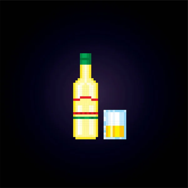 Fles met alcohol en een glas instellen. Pixelart. Old school computer grafisch. Element ontwerp stickers, logo, mobiele app, menu. 8 bit videogame. Spel activa 8-bit sprite. 16-bits. — Stockvector