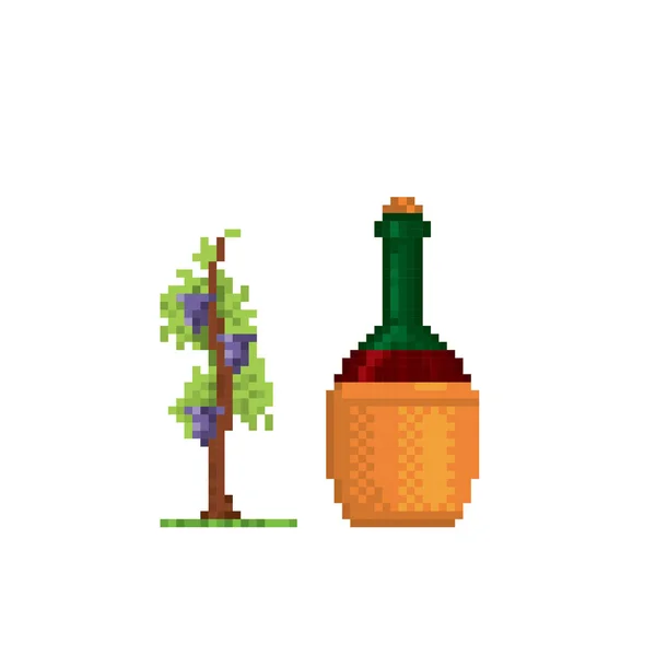 Jahrgangsflasche mit Wein und Trauben. Pixelkunst. Computergrafik alter Schule. Element Design Aufkleber, Logo, mobile App, Menü. 8 Bit Videospiel. Spielvermögen 8-Bit-Sprite. 16-bit. — Stockvektor