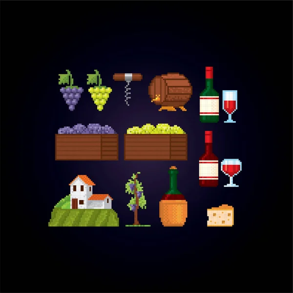 Ensemble d'icônes de vinification. Pixel art. Ordinateur graphique de la vieille école. Stickers design élément, logo, application mobile, menu. Jeu vidéo 8 bits. Actifs du jeu sprite 8 bits. 16 bits . — Image vectorielle