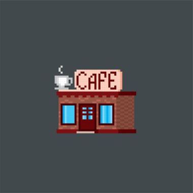 Cafe. Piksel sanat. Eski okul bilgisayar grafik. Öğe tasarım çıkartmalar, logo, mobil uygulaması, menü. 8 bit video oyunu. Oyun kıymetler 8-bit sprite. 16-bit.