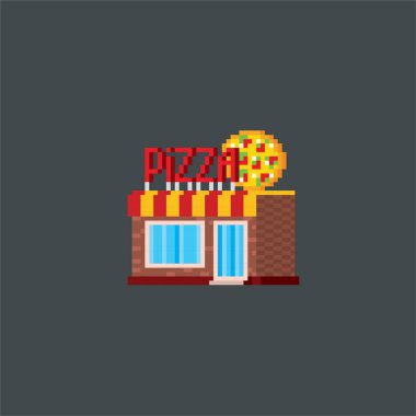 Pizzacı. Piksel sanat. Eski okul bilgisayar grafik. Öğe tasarım çıkartmalar, logo, mobil uygulaması, menü. 8 bit video oyunu. Oyun kıymetler 8-bit sprite. 16-bit.