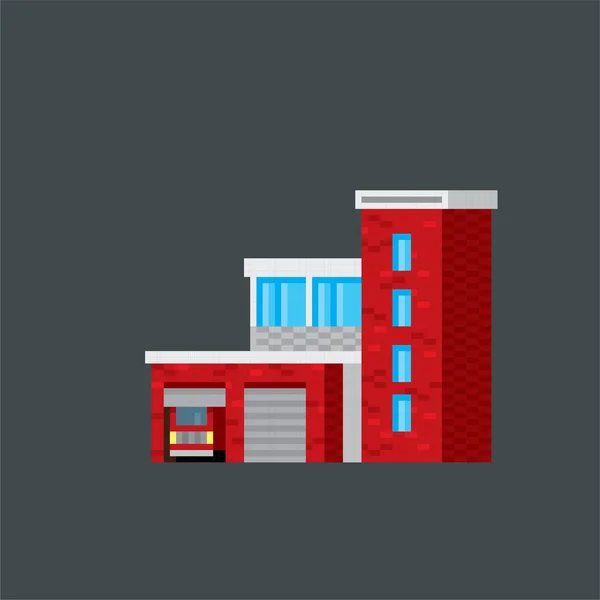 Estación de bomberos. Pixel art. Gráfico de computadora de la vieja escuela. Pegatinas de diseño de elementos, logotipo, aplicación móvil, menú. Videojuego de 8 bits. Activos del juego sprite de 8 bits. 16 bits . — Archivo Imágenes Vectoriales