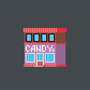 Candy shop. Pixel art. Old school computer graphic. 8 bit video game. Game assets 8-bit sprite. 16-bit.