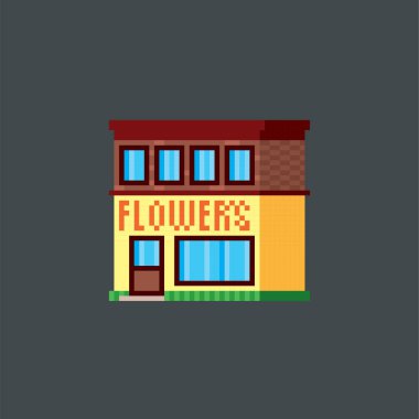 Flower shop. Pixel art. Old school computer graphic. 8 bit video game. Game assets 8-bit sprite. 16-bit.
