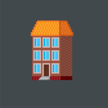 Şehir evi. Piksel sanat. Eski usul bilgisayar grafiği. 8 bit video oyunu. Oyun varlıkları 8-bit sprite. 16 bit.
