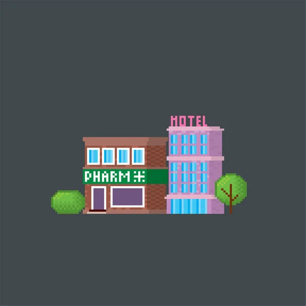 Pharmacie et hôtel. Rue de la ville. Pixel art. Ordinateur graphique de la vieille école. Jeu vidéo 8 bits. Actifs du jeu sprite 8 bits. 16 bits . — Image vectorielle