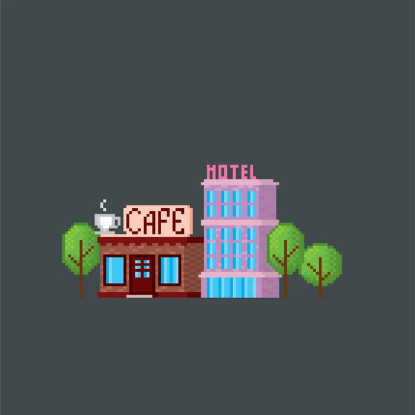 Café und Hotel. Stadtstraße. Pixelkunst. Computergrafik alter Schule. 8 Bit Videospiel. Spielvermögen 8-Bit-Sprite. 16-bit. — Stockvektor