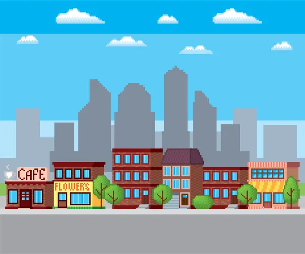 Town street. Pixel art. Old school computer graphic. Element design stickers, logo, mobile app, menu. 8 bit video game. Game assets 8-bit sprite. 16-bit. — Stock Vector