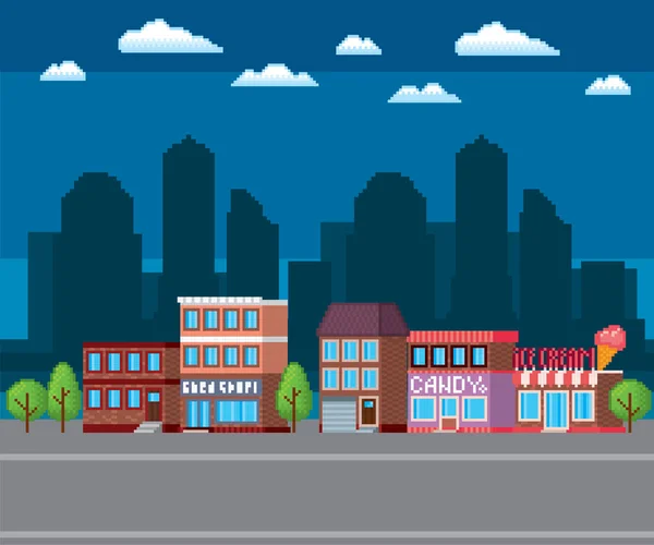 Town street. Pixel art. Old school computer graphic. Element design stickers, logo, mobile app, menu. 8 bit video game. Game assets 8-bit sprite. 16-bit. — Stock Vector