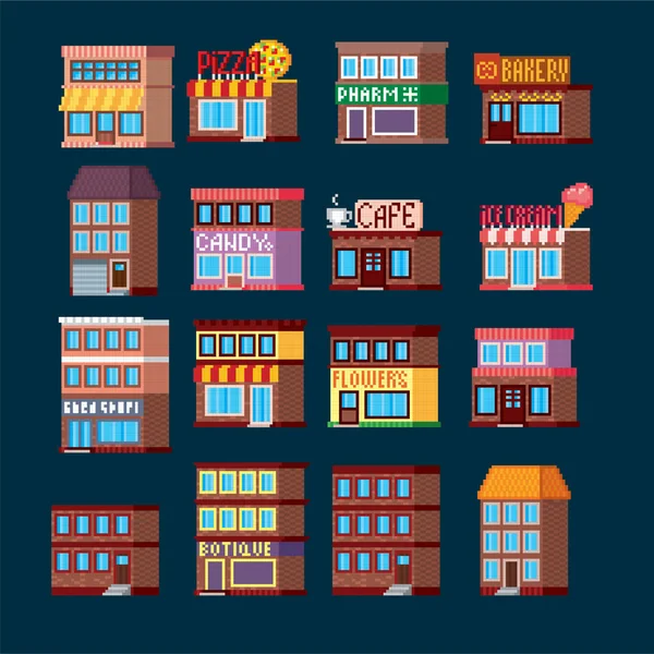 Set of town houses. Pixel art. Old school computer graphic. 8 bit video game. Game assets 8-bit sprite. 16-bit. — Stock Vector