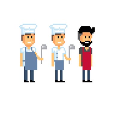 Şef seti. Piksel sanat. Eski okul bilgisayar grafik. 8 bit video oyunu. Oyun kıymetler 8-bit sprite.