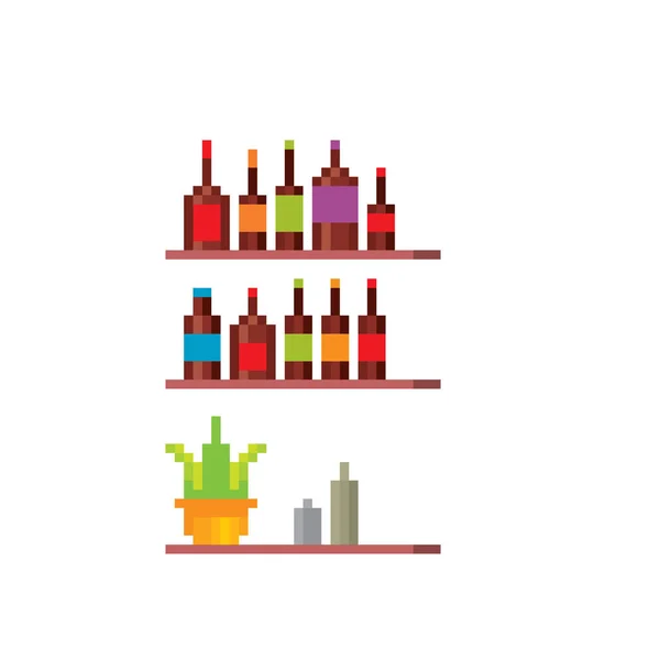 Shelves with alcohol. Element of the interior of a cafe, bar, restaurant. Pixel art. Old school computer graphic. 8 bit video game. Game assets 8-bit sprite. — Stock Vector