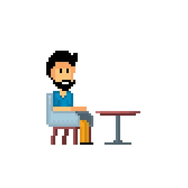 Een bebaarde man zit in een stoel aan een tafel. Client, café, restaurant bezoeker. Pixelart. Old school computer grafisch. 8 bit videogame. Spel activa 8-bit sprite. — Stockvector