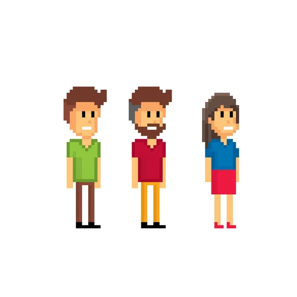 Μια σειρά από ανθρώπους απλούς pixel. Pixel τέχνη. Παλιό σχολείο γραφικά υπολογιστή. 8 bit βίντεο παιχνίδι. Ενεργητικό παιχνίδι 8-bit ξωτικό. — Διανυσματικό Αρχείο