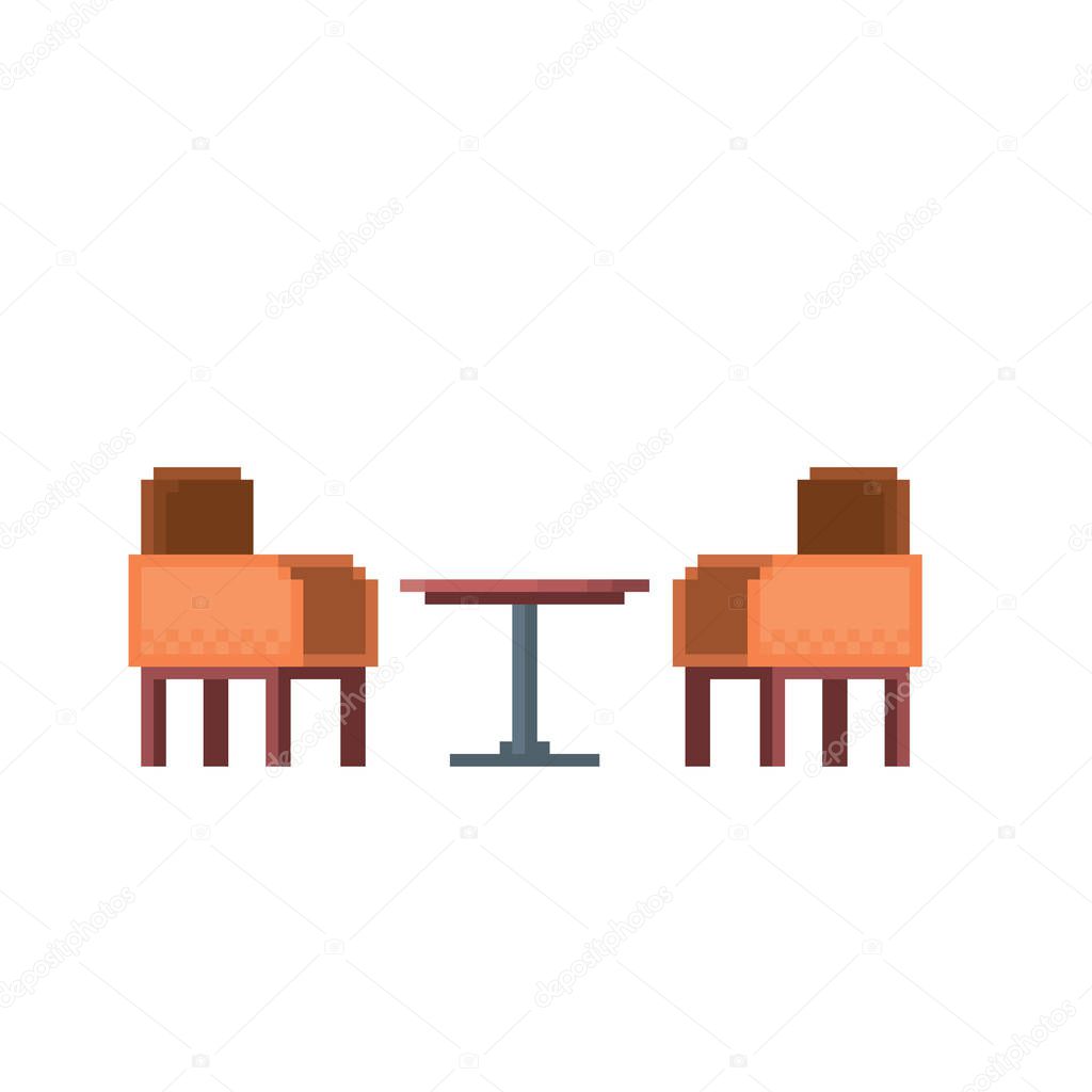 Armchair and table. Element of the interior. Pixel art. Old school computer graphic. 8 bit video game. Game assets 8-bit sprite.