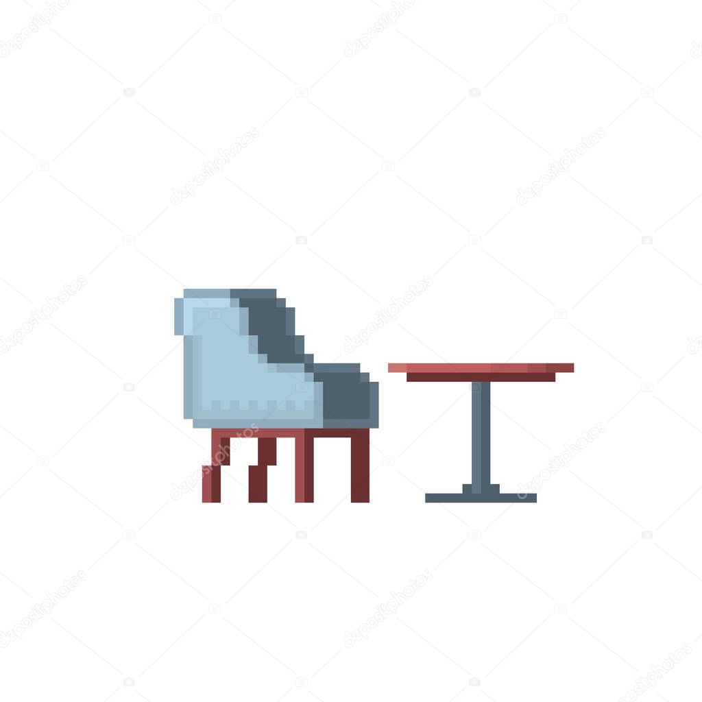 Armchair and table. Element of the interior. Pixel art. Old school computer graphic. 8 bit video game. Game assets 8-bit sprite.