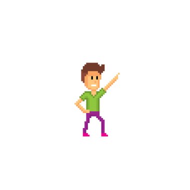 Genç bir adam dans ediyor. Piksel sanat. Eski okul bilgisayar grafik. 8 bit video oyunu. Oyun kıymetler 8-bit sprite.