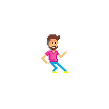Genç bir adam dans ediyor. Piksel sanat. Eski okul bilgisayar grafik. 8 bit video oyunu. Oyun kıymetler 8-bit sprite.