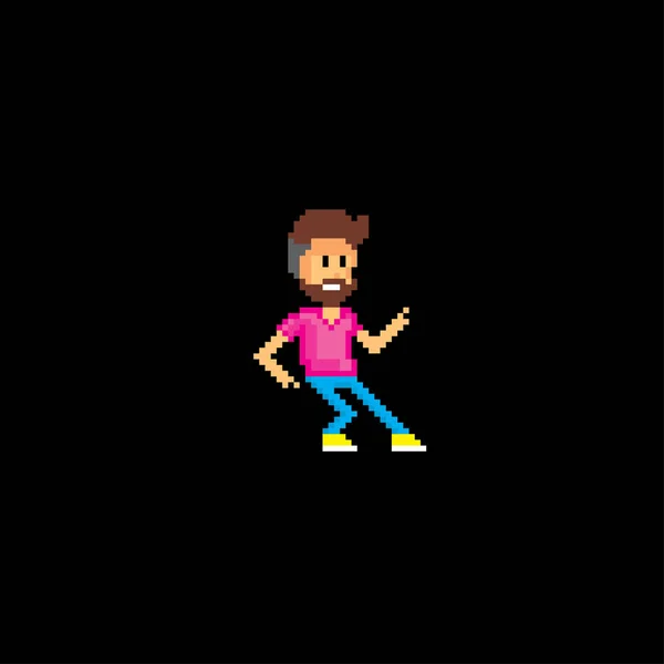 Un joven está bailando. Pixel art. Gráfico de computadora de la vieja escuela. Videojuego de 8 bits. Activos del juego sprite de 8 bits . — Archivo Imágenes Vectoriales