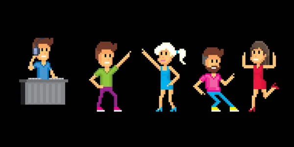Tanzende Menschen. Pixelkunst. Computergrafik alter Schule. 8 Bit Videospiel. Spielvorteile 8-bit-Sprite. — Stockvektor