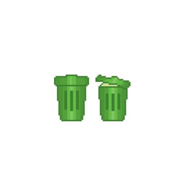 Çöp kutuları. Çevre Koruma. Ekoloji. Temiz enerji. Piksel sanat. Eski usul bilgisayar grafiği. Eleman tasarım çıkartmaları, logo, mobil uygulama, menü. 8 bit video oyunu. Oyun varlıkları 8-bit sprite. 16-b
