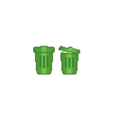 Garbage bins. Environmental Protection. Ecology. Clean energy. Pixel art. Old school computer graphic. Element design stickers, logo, mobile app, menu. 8 bit video game. Game assets 8-bit sprite. 16-b clipart