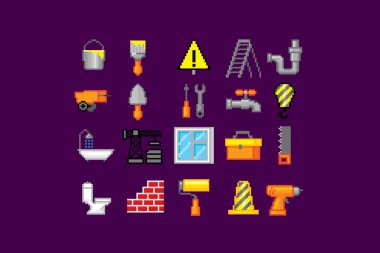 Ev onarım simgesi ayarlayın. Eski okul bilgisayar grafik tarzı. Logo, etiket, web, mobil uygulama için dekoratif eleman tasarımı. Oyun varlıkları 8-bit sprite. Logo, etiket, web, mobil için dekoratif eleman tasarımı