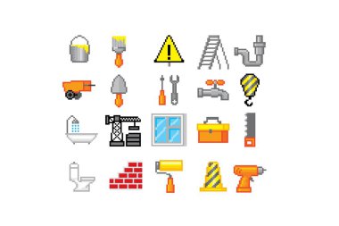Ev onarım simgesi ayarlayın. Eski okul bilgisayar grafik tarzı. Logo, etiket, web, mobil uygulama için dekoratif eleman tasarımı. Oyun varlıkları 8-bit sprite. Logo, etiket, web, mobil için dekoratif eleman tasarımı