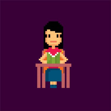 Kütüphanedeki okuyucu. Genç adam. Piksel sanat. Eski usul bilgisayar grafiği. Eleman tasarım çıkartmaları, logo, mobil uygulama, menü. 8 bit video oyunu. Oyun varlıkları 8-bit sprite. 16 bit.