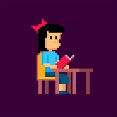 Kütüphanedeki okuyucu. Genç adam. Piksel sanat. Eski usul bilgisayar grafiği. Eleman tasarım çıkartmaları, logo, mobil uygulama, menü. 8 bit video oyunu. Oyun varlıkları 8-bit sprite. 16 bit.