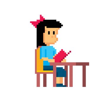 Reader in the library. Young man. Pixel art. Old school computer graphic. Element design stickers, logo, mobile app, menu. 8 bit video game. Game assets 8-bit sprite. 16-bit. clipart