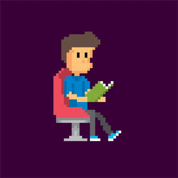 Leitor na biblioteca. Jovem. Arte Pixel. Gráfico de computador da velha escola. Elemento adesivos de design, logotipo, aplicativo móvel, menu. Jogo de vídeo de 8 bits. Ativos do jogo 8-bit sprite. 16-bit . — Vetor de Stock