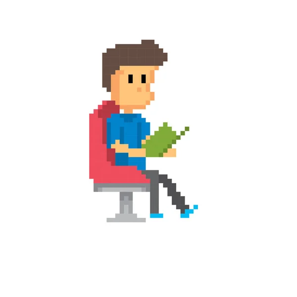 Lezer in de bibliotheek. Jonge man. Pixel art. Oude school computer afbeelding. Element ontwerp stickers, logo, mobiele app, menu. 8-bits video game. Game-elementen 8-bits sprite. 16-bits. — Stockvector