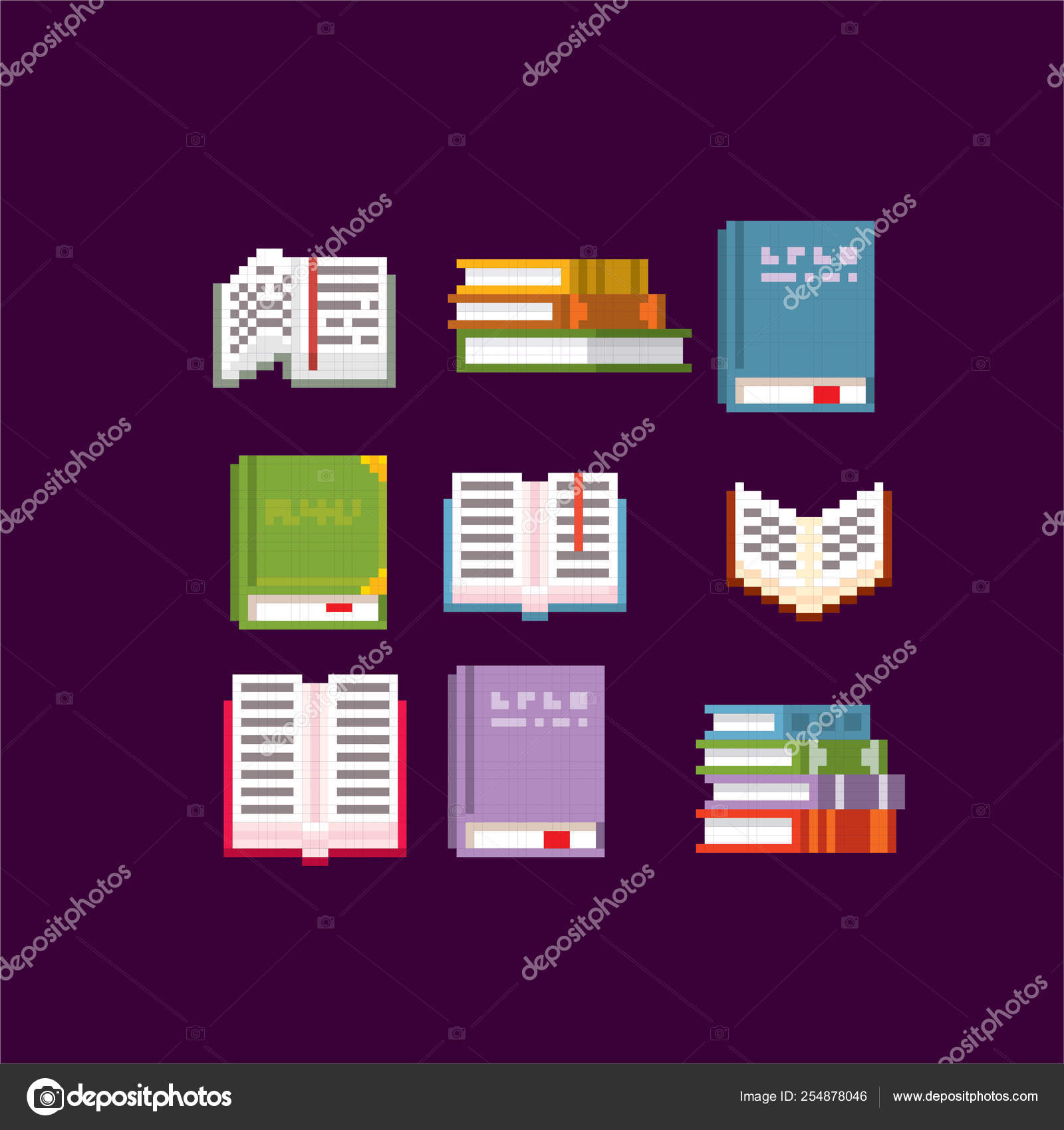 Books Set Pixel Art Old School Computer Graphic Element Design Stickers Logo Mobile App Menu 8 Bit Video Game Game Assets 8 Bit Sprite 16 Bit Vector Image By C Dergriza Vector Stock
