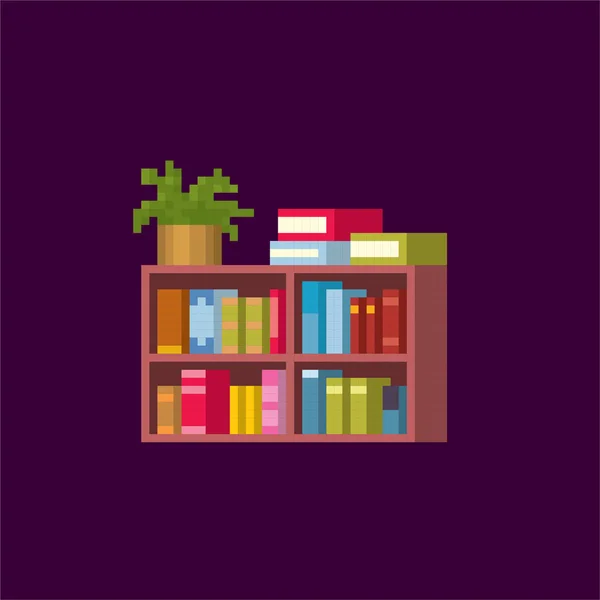 Bücherregal. Pixelkunst. Computergrafik alter Schule. Element Design Aufkleber, Logo, mobile App, Menü. 8 Bit Videospiel. Spielvermögen 8-Bit-Sprite. 16-bit. — Stockvektor