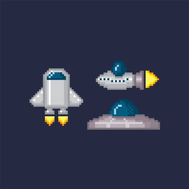 Uzay gemisi, roket, ufo seti. Piksel sanat. Eski usul bilgisayar grafiği. 8 bit video oyunu. Oyun varlıkları 8-bit sprite. Oyun öğeleri.