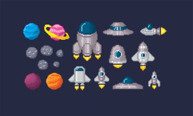 Uzay gemisi, roket, Ufo, gezegen, asteroit seti. Piksel sanat. Eski usul bilgisayar grafiği. 8 bit video oyunu. Oyun varlıkları 8-bit sprite. Oyun öğeleri.