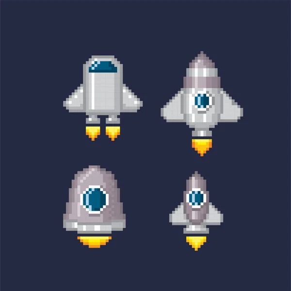 Spaceship, rocket, UFO set. Pixel art. Old school computer graphic. 8 bit video game. Game assets 8-bit sprite. Games elements. — Stock Vector