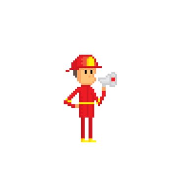 Megafonlu itfaiyeci. Piksel sanat. Eski usul bilgisayar grafiği. 8 bit video oyunu. Oyun varlıkları 8-bit sprite.